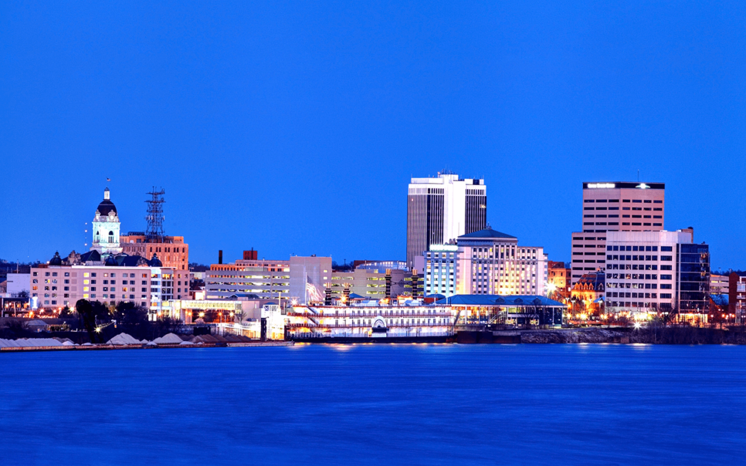 Evansville, Indiana city skyline at twilight with blue sky