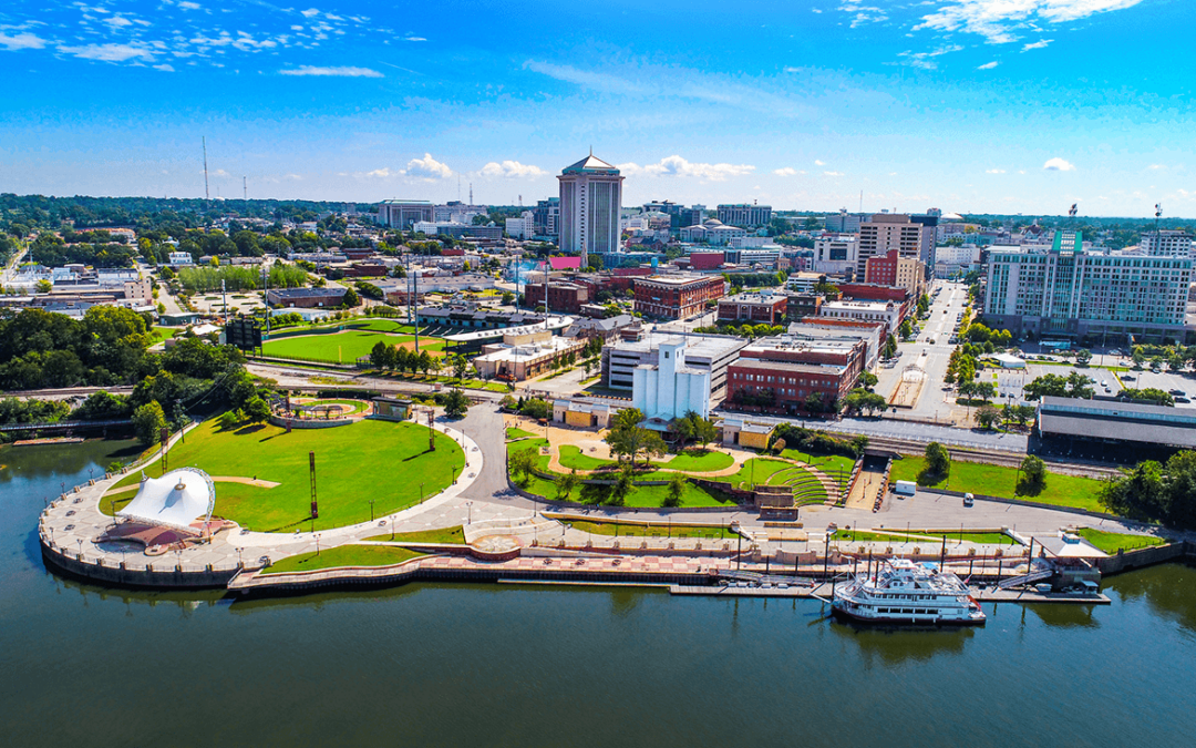 Aerial view of downtown Montgomery, Alabama with riverfront park