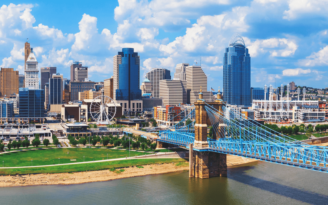 Cincinnati skyline with the John A. Roebling Suspension Bridge in the foreground.