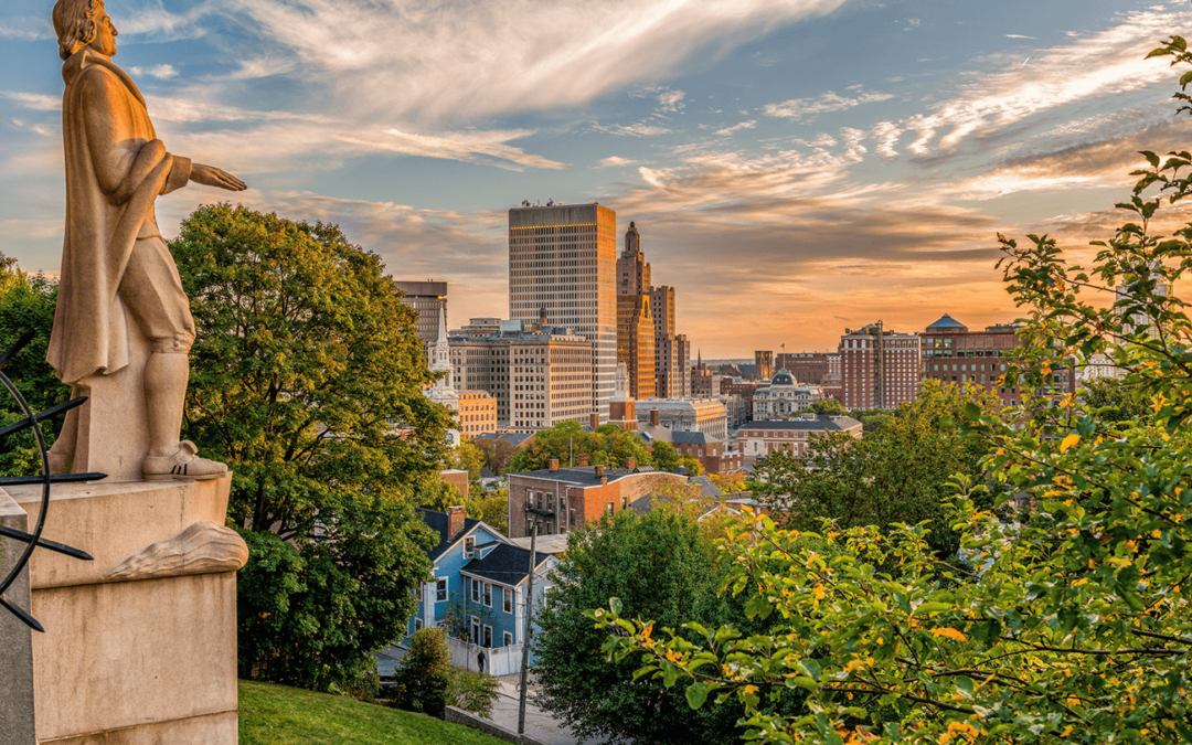 Roger Williams Statue Overlooking Providence at Sunset