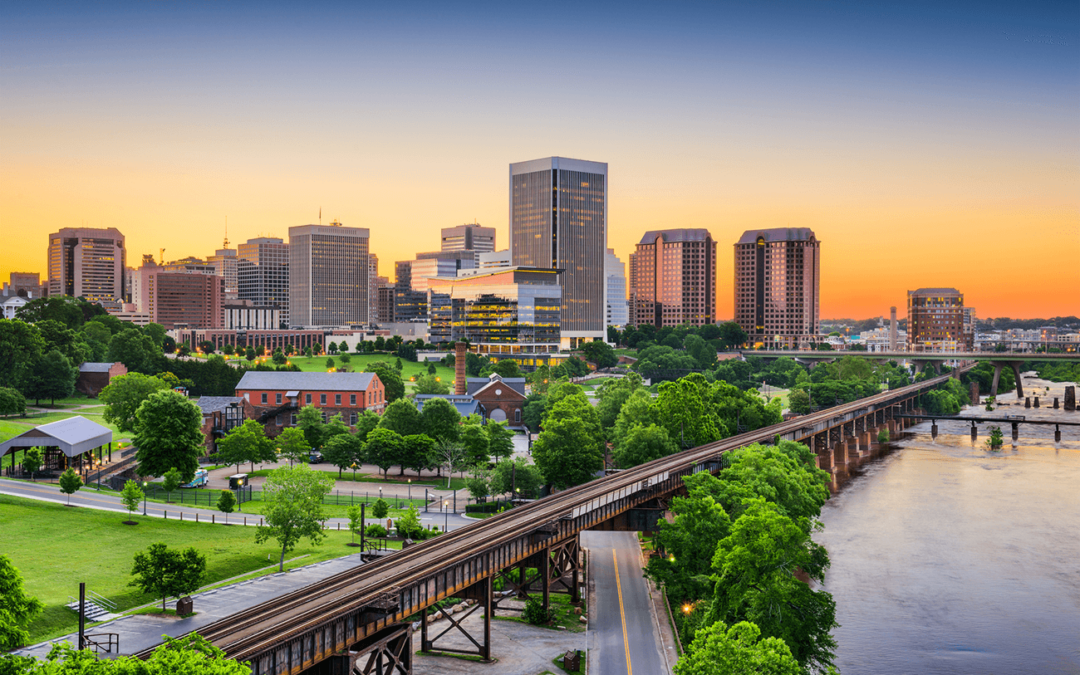 Richmond, Virginia city skyline at sunset.