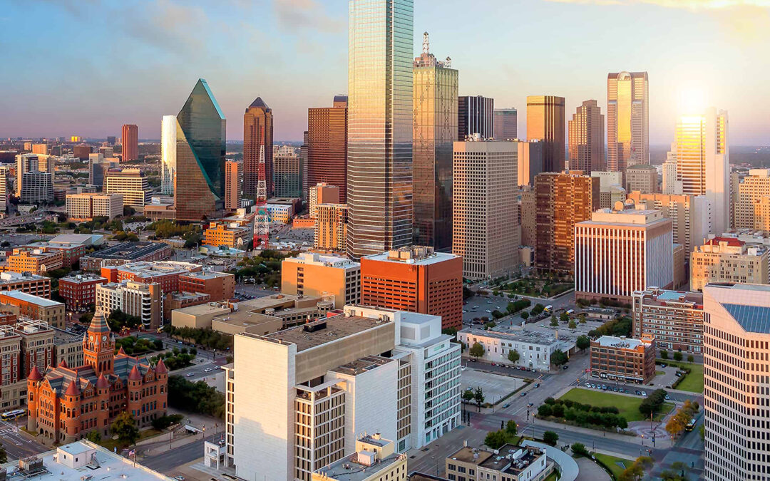 Dallas downtown skyline at sunset.