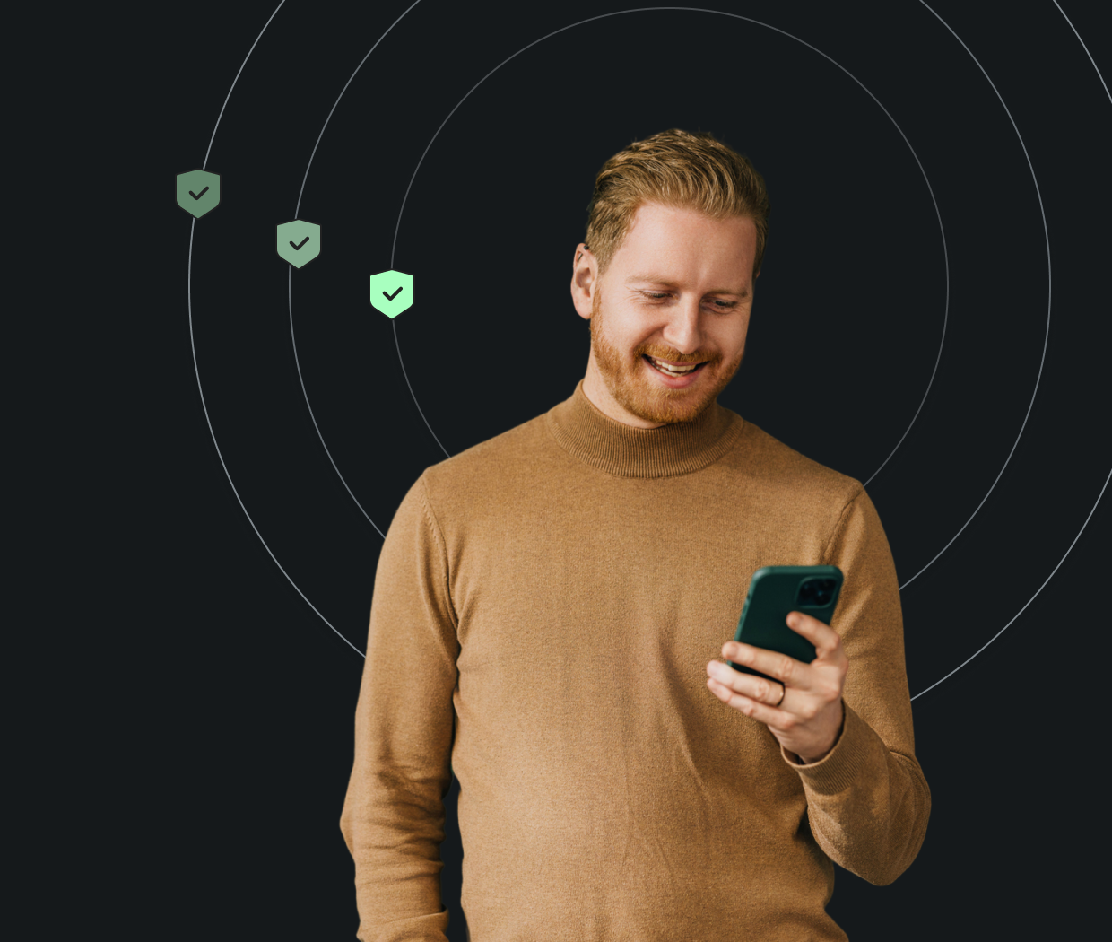 man looking at phone with network graphic behind him